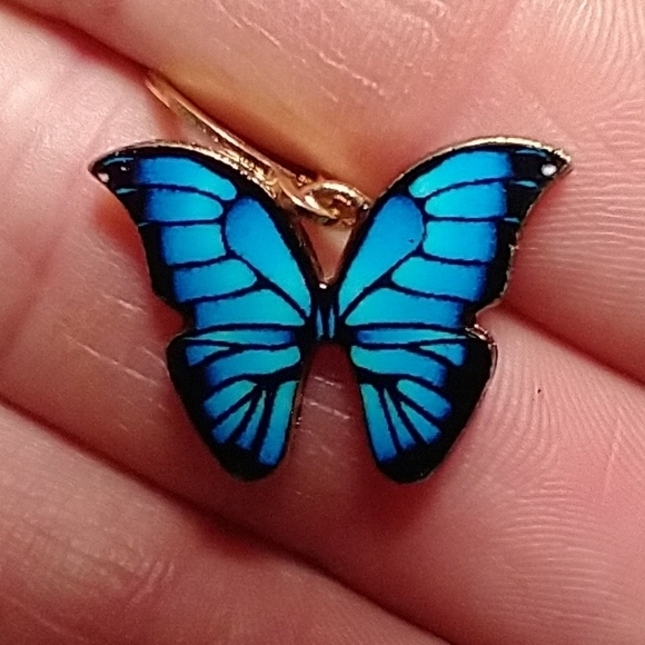 Goldtone blue butterfly wire dangle pierced earrings - Picture 1 of 3